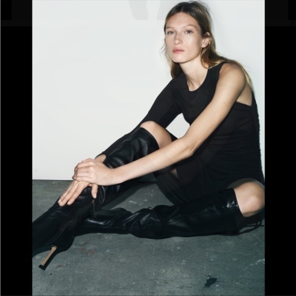 Zara NWT black ruched asymmetrical midi dress - Picture 3 of 8